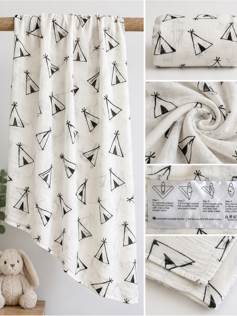 Upsimples Bamboo Muslin Swaddle Blanket White Black Teepee Print Baby